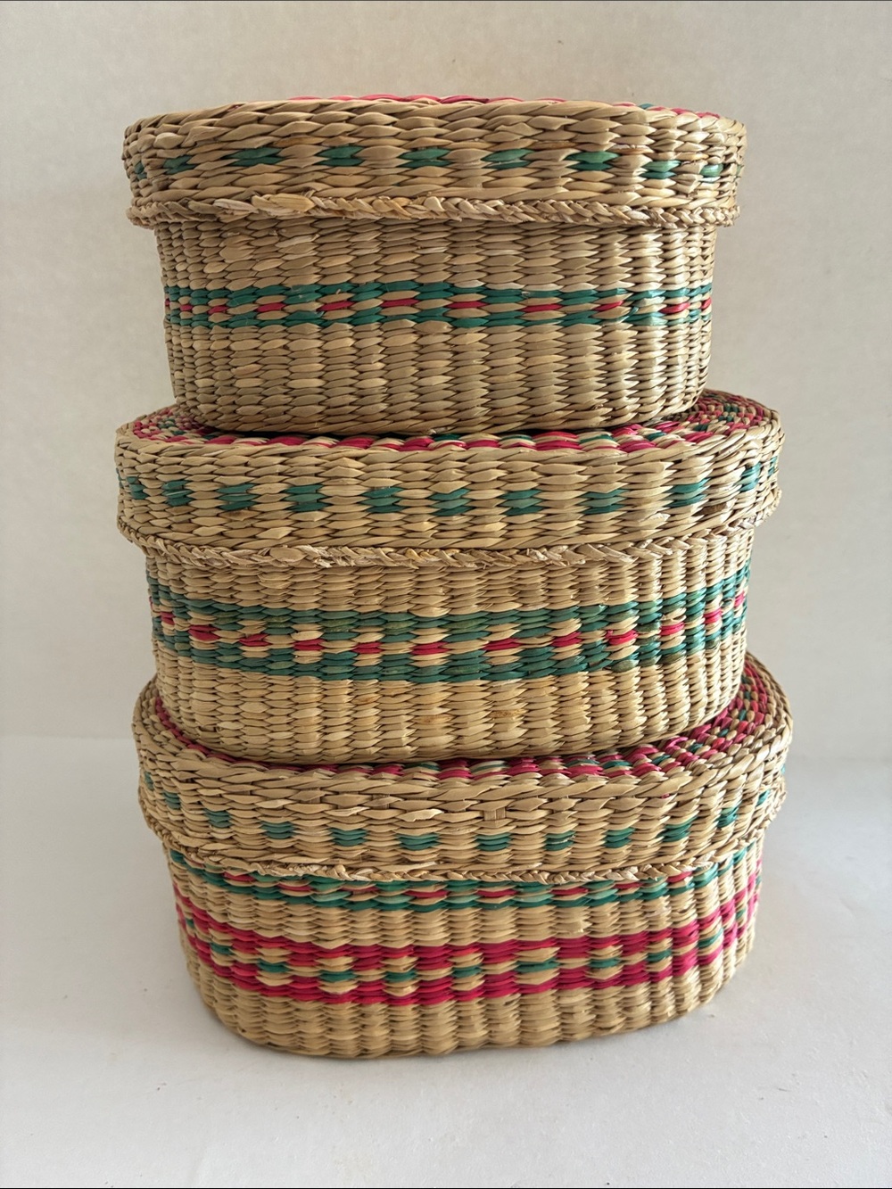 Handwoven Sweet Grass Nesting Storage Baskets with Green and Red Accents